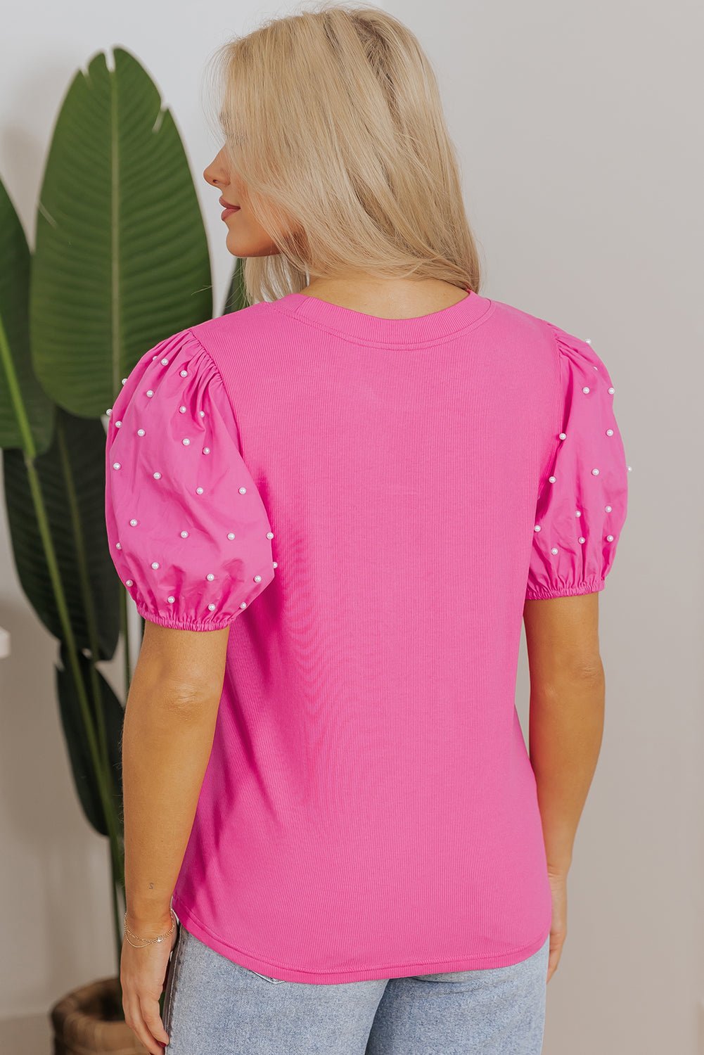 Ribbed Pearl Beaded Puff Sleeve Top - Rooted & Reckless Co.
