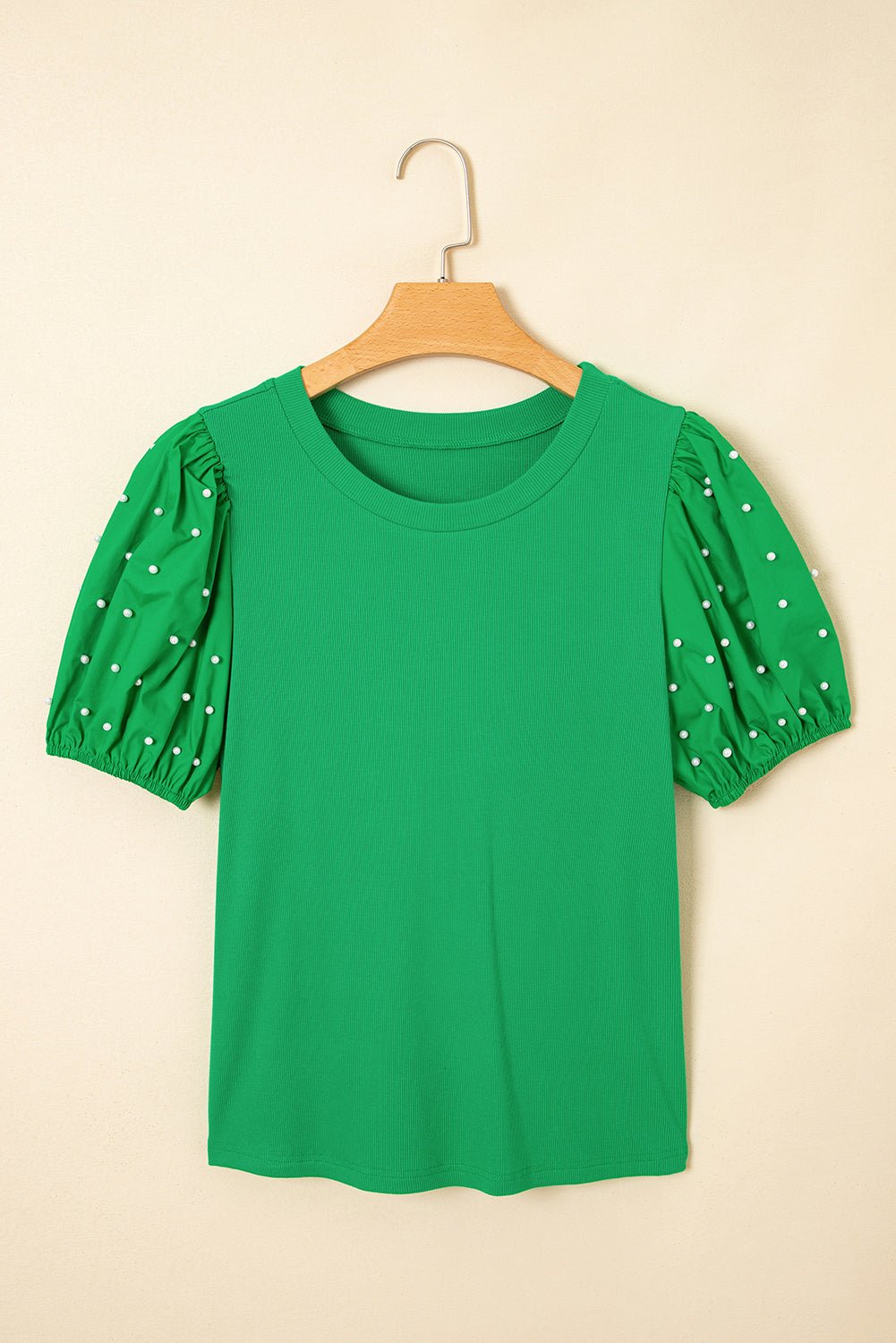 Ribbed Pearl Beaded Puff Sleeve Top - Rooted & Reckless Co.