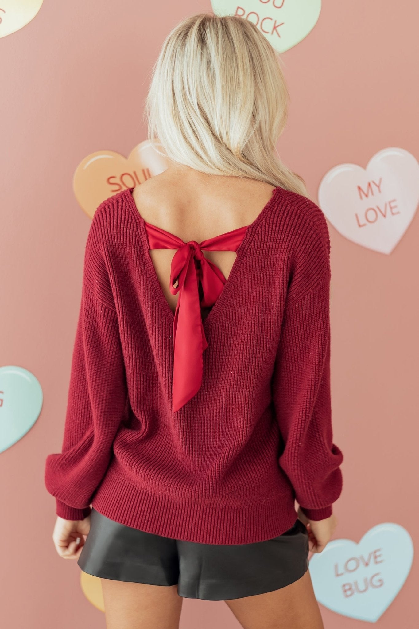 Ribbon Knot Backless Drop Shoulder Ribbed Sweater - Rooted & Reckless Co.