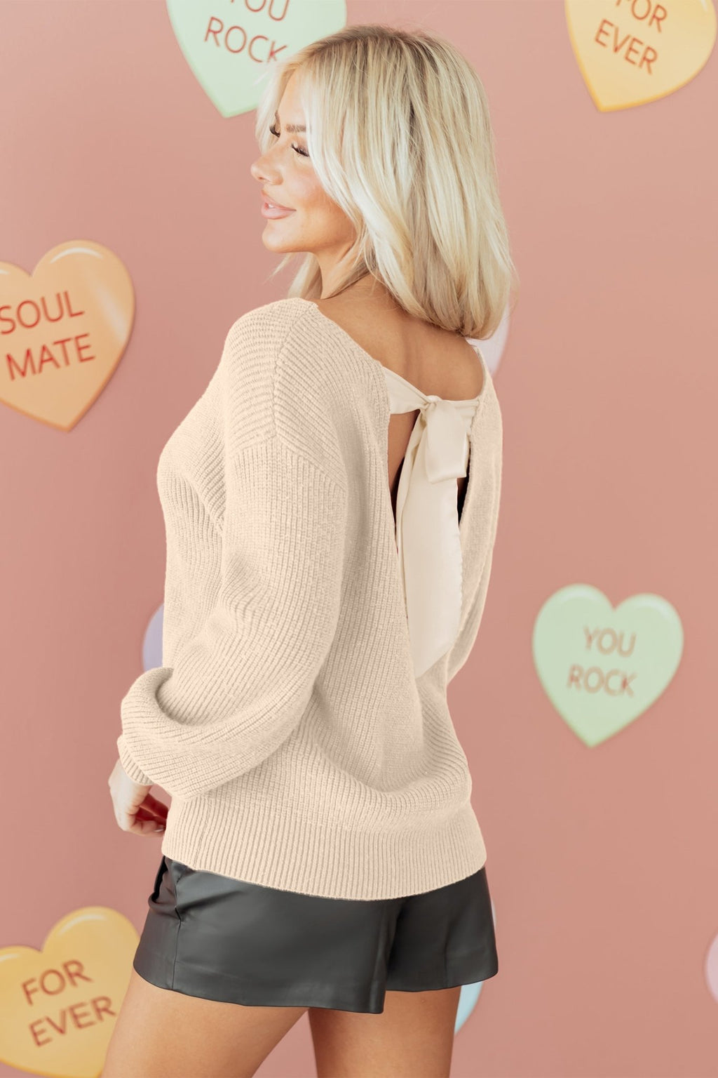 Ribbon Knot Backless Drop Shoulder Ribbed Sweater - Rooted & Reckless Co.