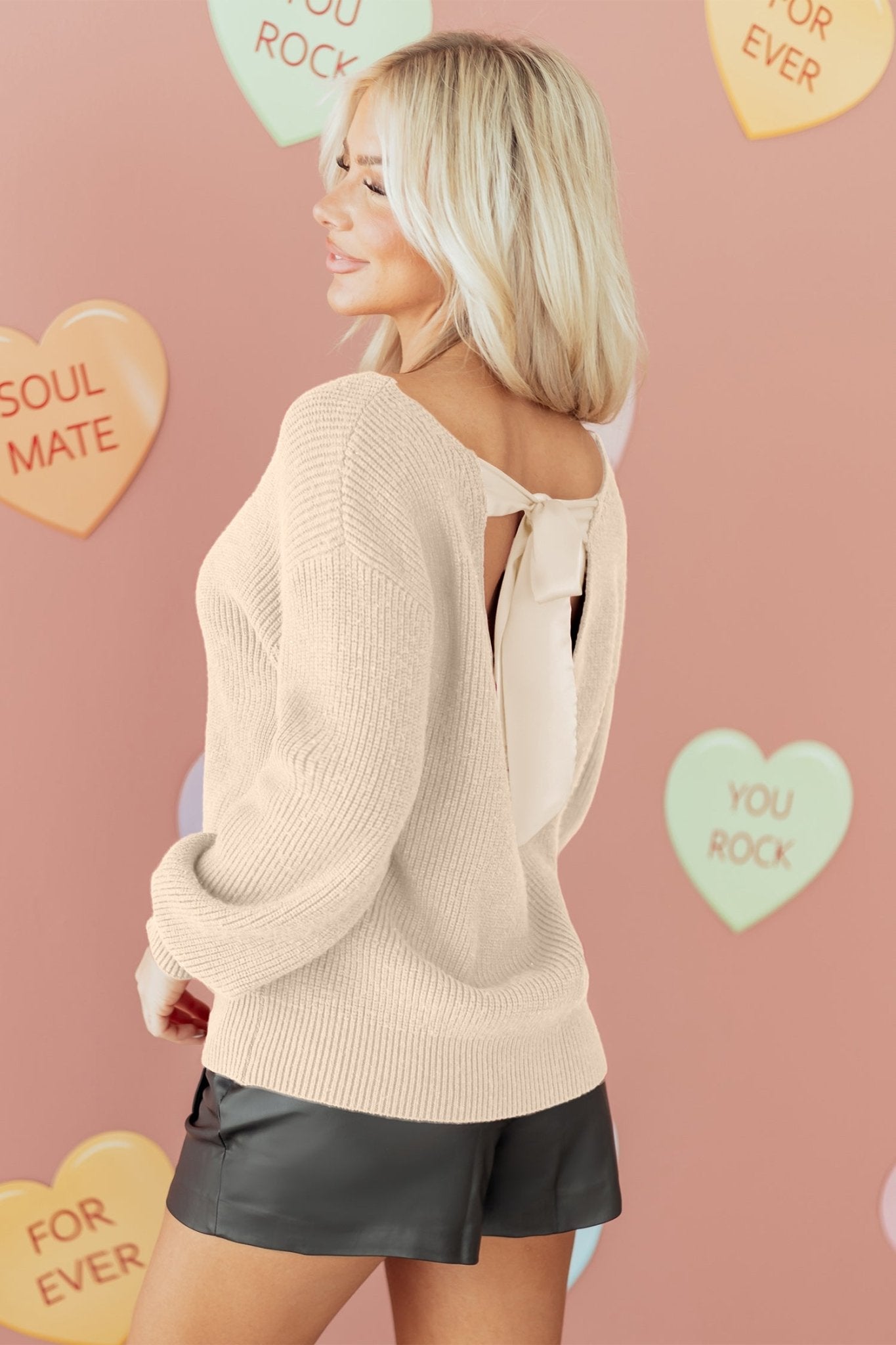 Ribbon Knot Backless Drop Shoulder Ribbed Sweater - Rooted & Reckless Co.