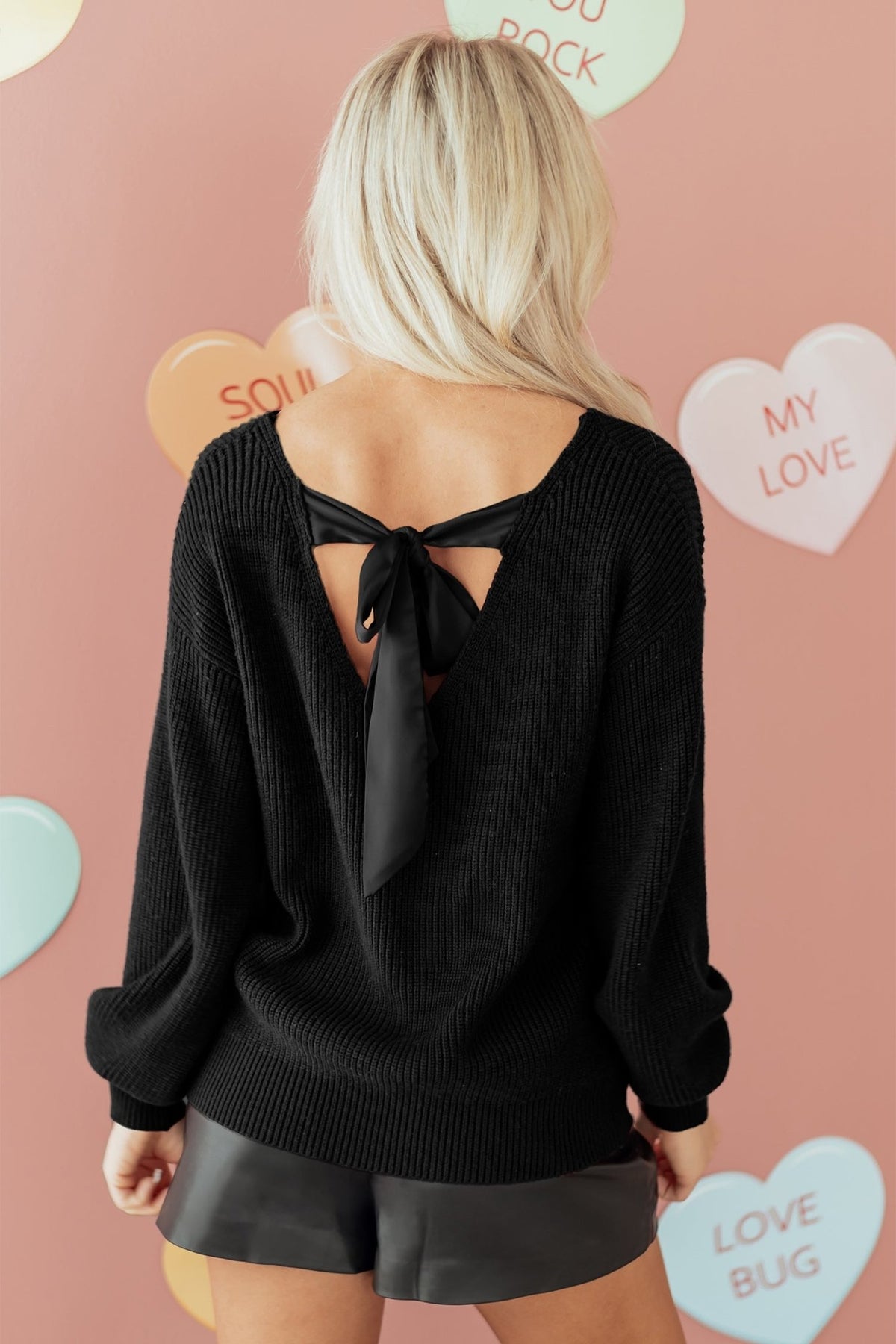 Ribbon Knot Backless Drop Shoulder Ribbed Sweater - Rooted & Reckless Co.