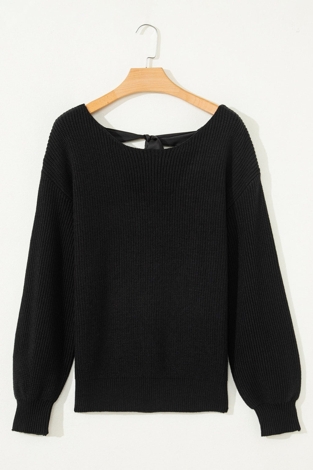 Ribbon Knot Backless Drop Shoulder Ribbed Sweater - Rooted & Reckless Co.