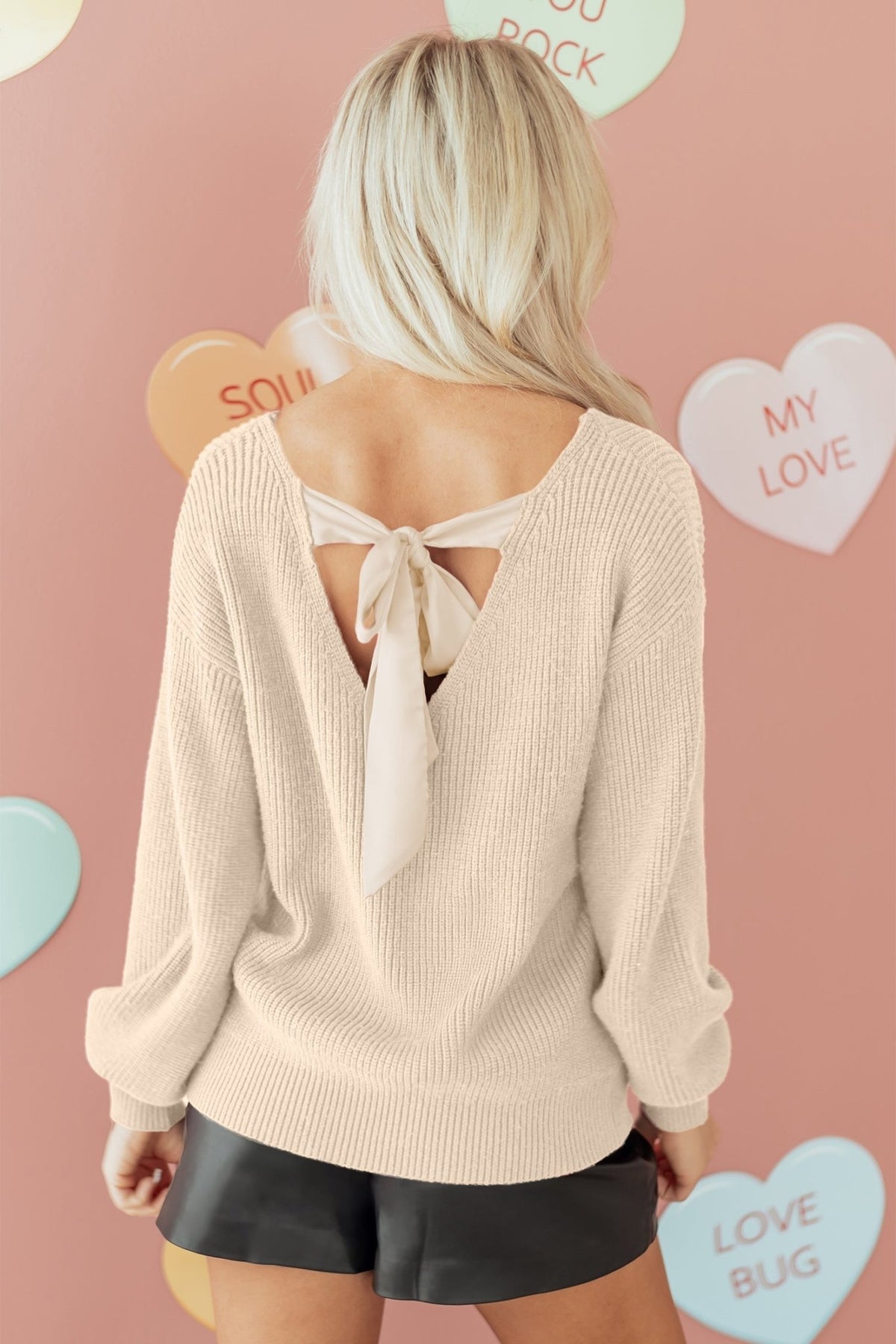 Ribbon Knot Backless Drop Shoulder Ribbed Sweater - Rooted & Reckless Co.