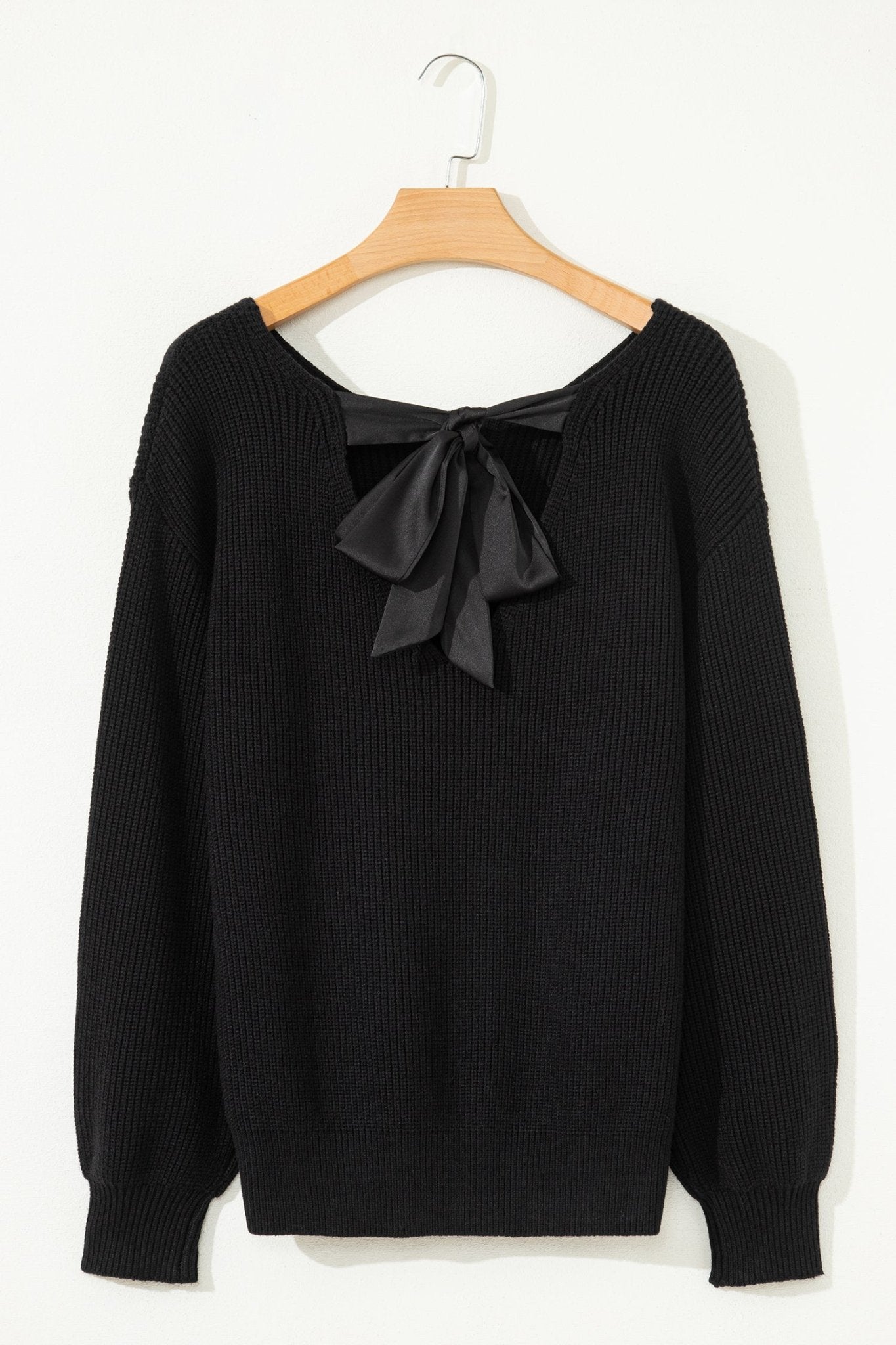 Ribbon Knot Backless Drop Shoulder Ribbed Sweater - Rooted & Reckless Co.