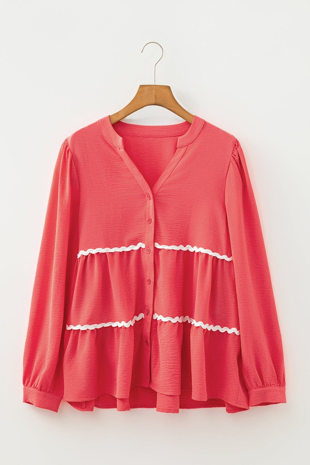 Ricrac Contrast Trim V-Neck Button Down Shirt - Rooted & Reckless Co.