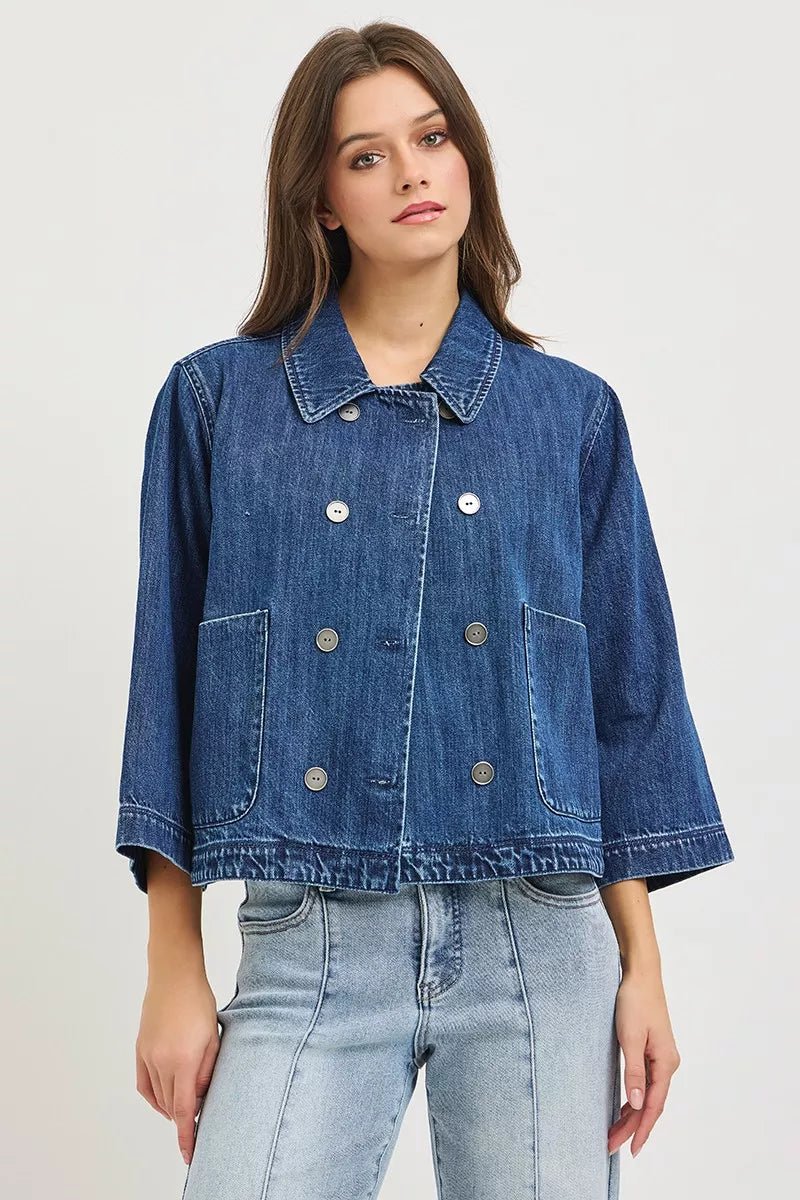 RISEN Double-Breasted Flowy Cropped Denim Jacket - Rooted & Reckless Co.