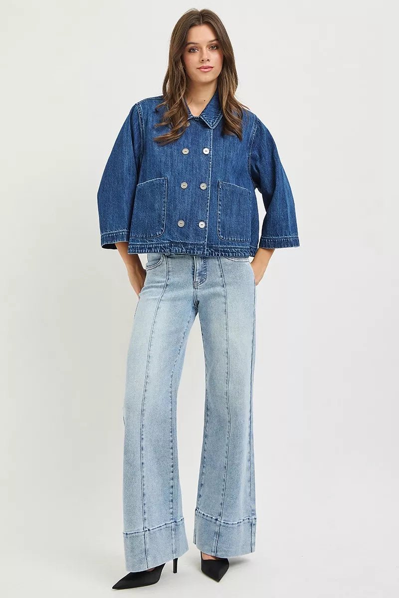 RISEN Double-Breasted Flowy Cropped Denim Jacket - Rooted & Reckless Co.