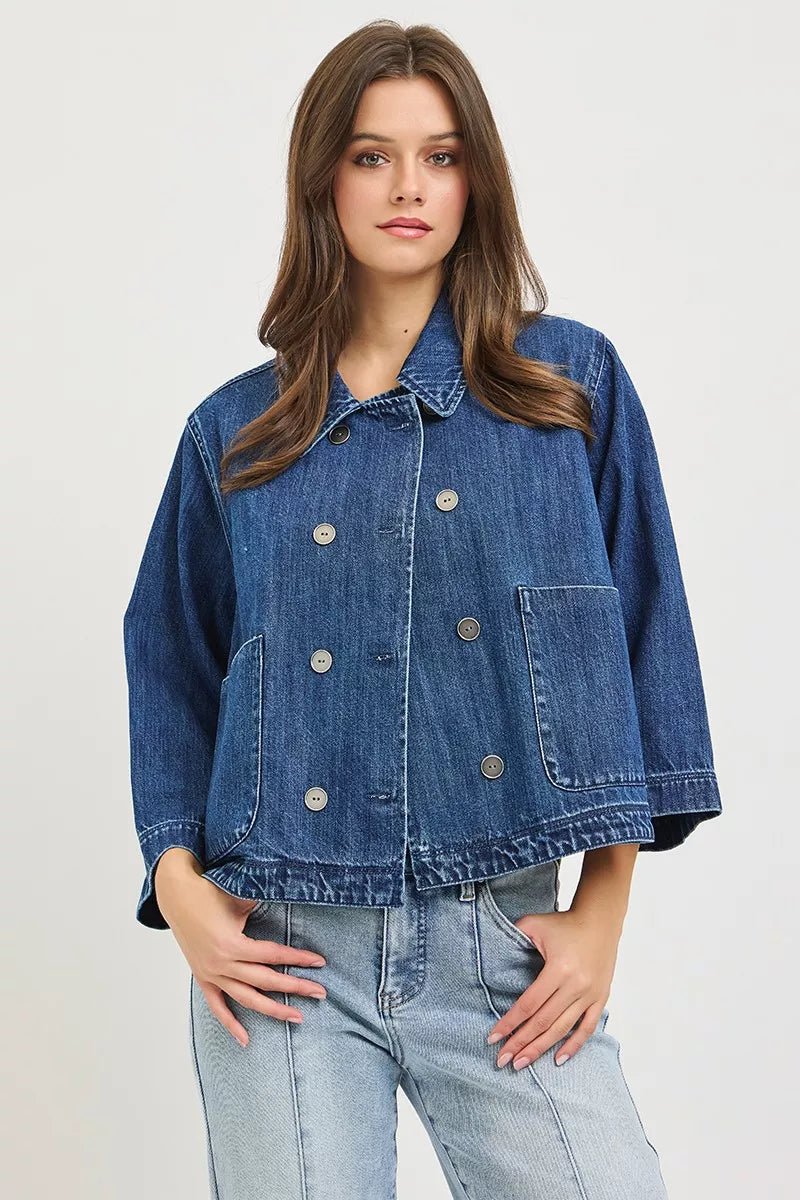 RISEN Double-Breasted Flowy Cropped Denim Jacket - Rooted & Reckless Co.