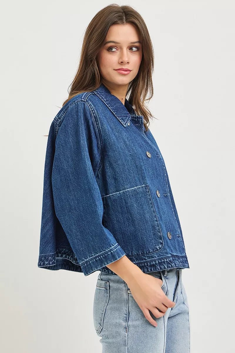 RISEN Double-Breasted Flowy Cropped Denim Jacket - Rooted & Reckless Co.