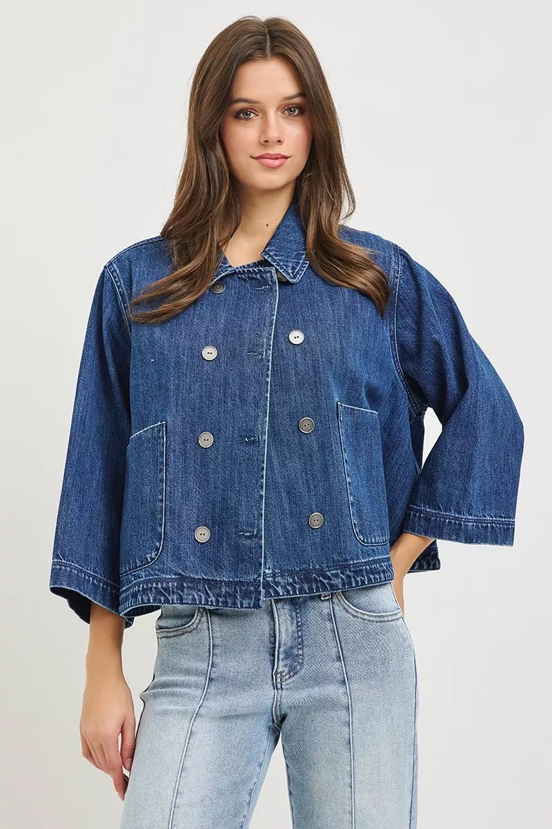 RISEN Double-Breasted Flowy Cropped Denim Jacket - Rooted & Reckless Co.