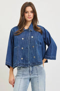 RISEN Double-Breasted Flowy Cropped Denim Jacket - Rooted & Reckless Co.