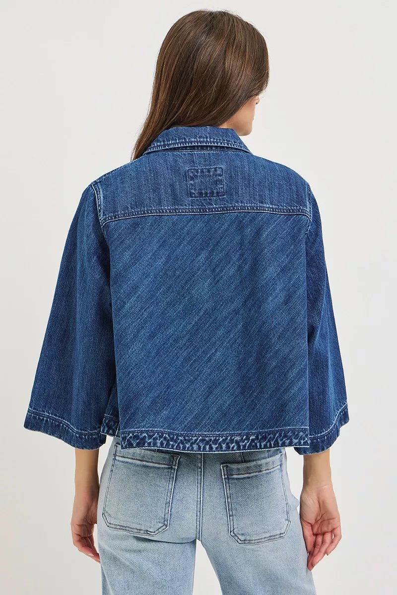 RISEN Double-Breasted Flowy Cropped Denim Jacket - Rooted & Reckless Co.