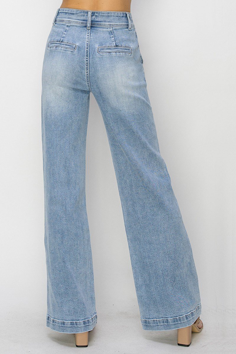 Risen Double Button Wide-Leg Western Jeans — High-Rise Trouser Style with Slash Front and Back Pockets - Sizes 9, 11, 13 and 15 remain - Rooted & Reckless Co.