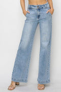 Risen Double Button Wide-Leg Western Jeans — High-Rise Trouser Style with Slash Front and Back Pockets - Sizes 9, 11, 13 and 15 remain - Rooted & Reckless Co.