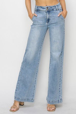 Risen Double Button Wide-Leg Western Jeans — High-Rise Trouser Style with Slash Front and Back Pockets - Sizes 9, 11, 13 and 15 remain - Rooted & Reckless Co.