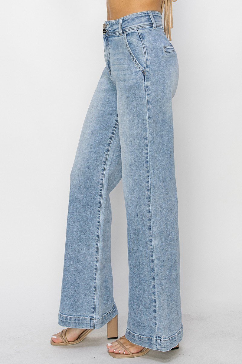 Risen Double Button Wide-Leg Western Jeans — High-Rise Trouser Style with Slash Front and Back Pockets - Sizes 9, 11, 13 and 15 remain - Rooted & Reckless Co.