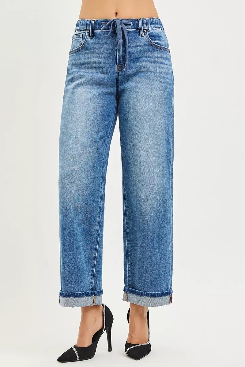 RISEN Elastic Band Slouch Ankle Boyfriend Cuffed Hem Jeans - Rooted & Reckless Co.