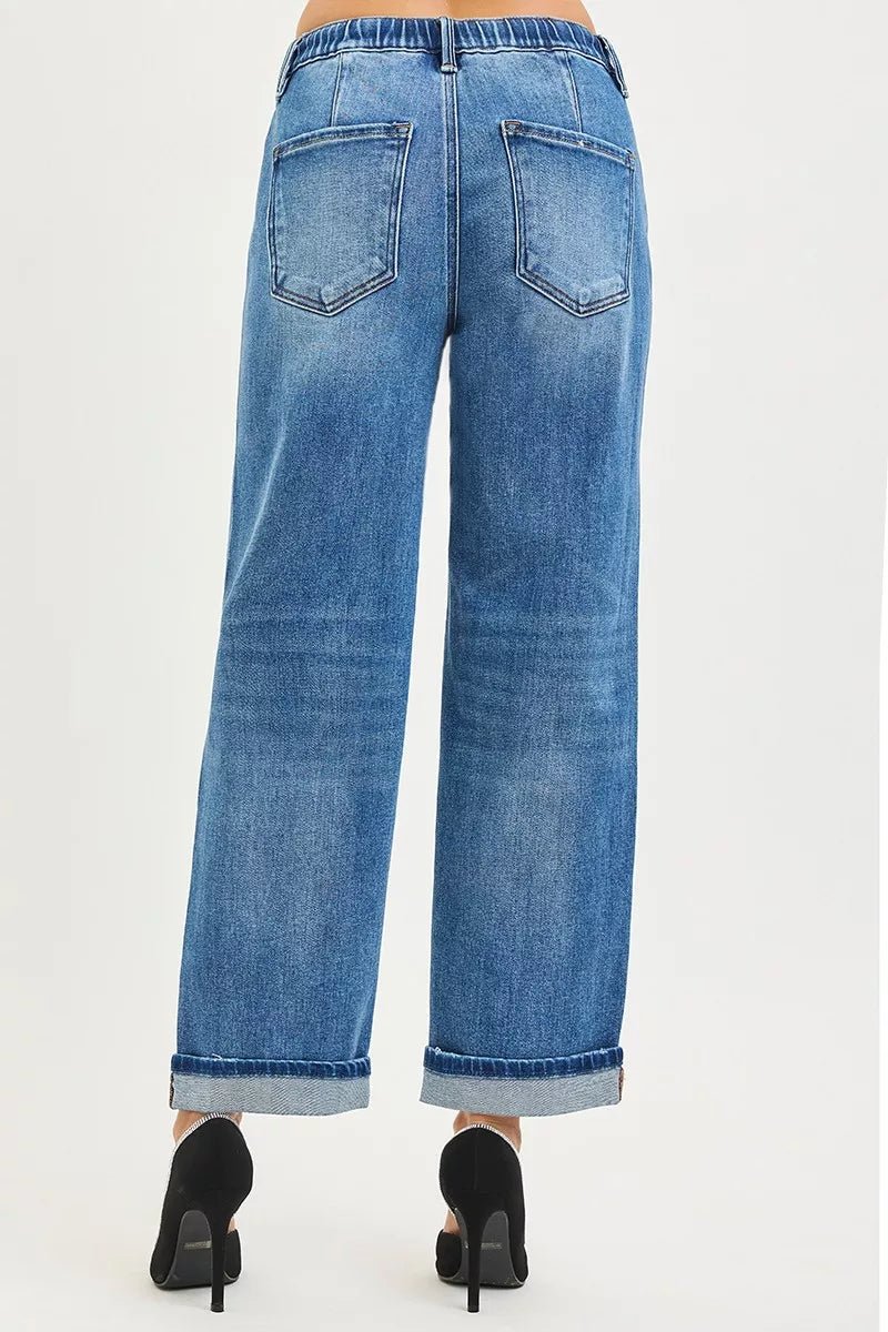 RISEN Elastic Band Slouch Ankle Boyfriend Cuffed Hem Jeans - Rooted & Reckless Co.
