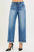 RISEN Elastic Band Slouch Ankle Boyfriend Cuffed Hem Jeans - Rooted & Reckless Co.