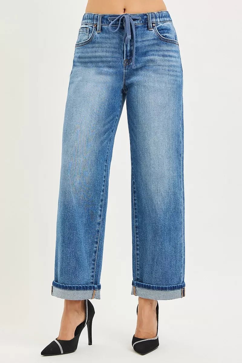 RISEN Elastic Band Slouch Ankle Boyfriend Cuffed Hem Jeans - Rooted & Reckless Co.