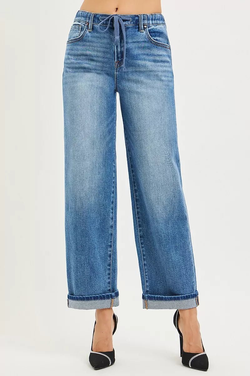 RISEN Elastic Band Slouch Ankle Boyfriend Cuffed Hem Jeans - Rooted & Reckless Co.