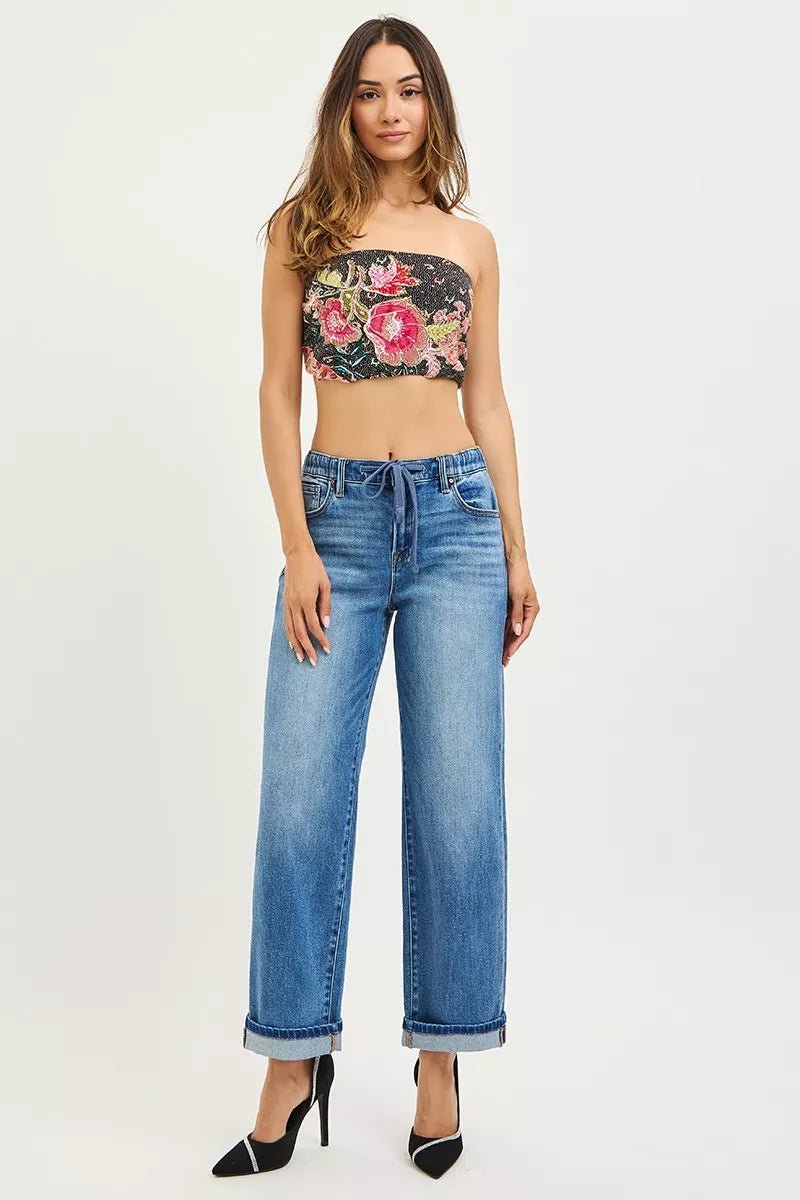 RISEN Elastic Band Slouch Ankle Boyfriend Cuffed Hem Jeans - Rooted & Reckless Co.