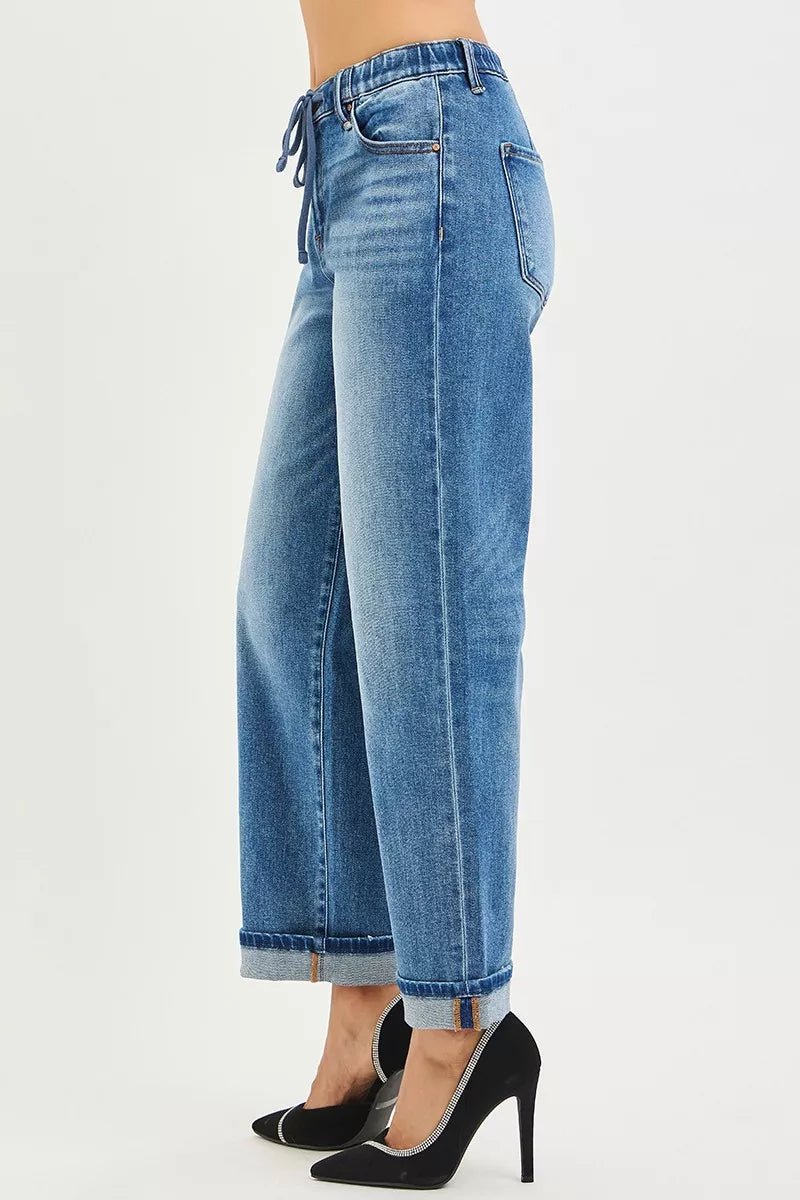 RISEN Elastic Band Slouch Ankle Boyfriend Cuffed Hem Jeans - Rooted & Reckless Co.
