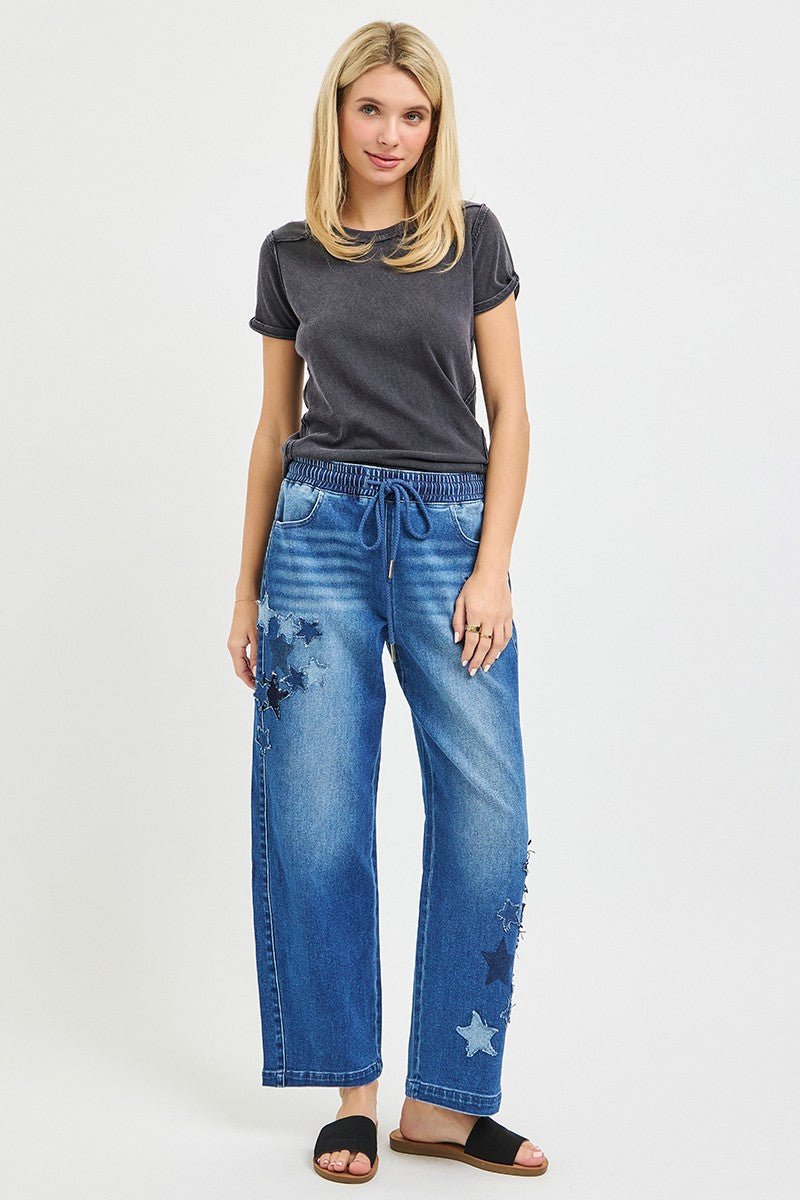 RISEN Elastic Band Slouchy Cropped Barrel with Star Patch - Rooted & Reckless Co.