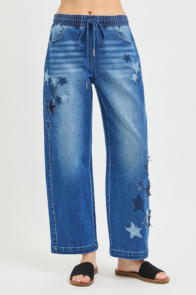 RISEN Elastic Band Slouchy Cropped Barrel with Star Patch - Rooted & Reckless Co.