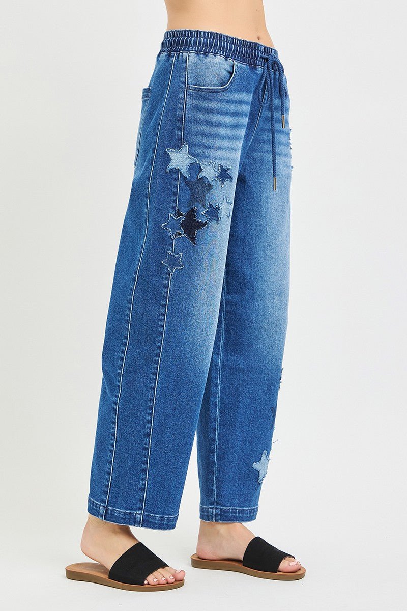 RISEN Elastic Band Slouchy Cropped Barrel with Star Patch - Rooted & Reckless Co.