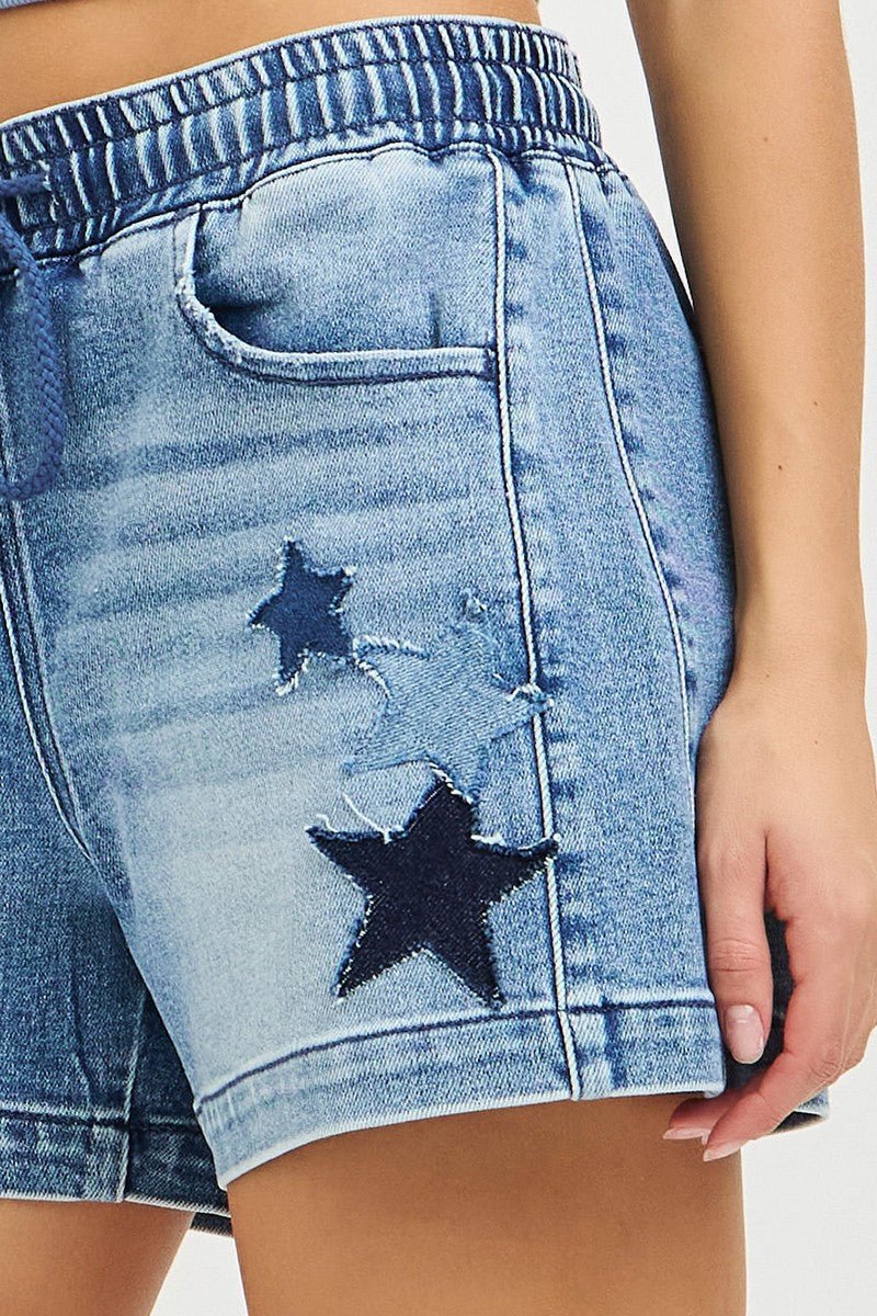 RISEN Elastic Band Slouchy Denim Shorts with Star Patched Details - Rooted & Reckless Co.