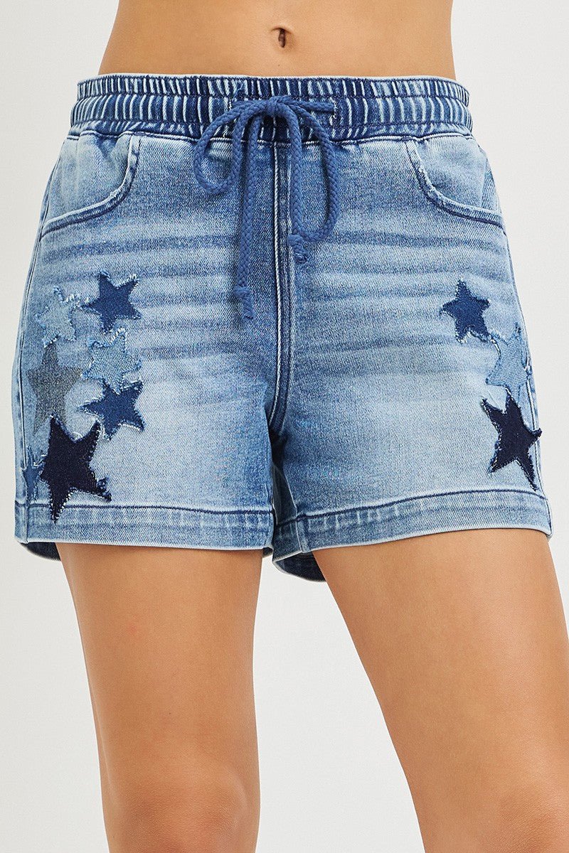 RISEN Elastic Band Slouchy Denim Shorts with Star Patched Details - Rooted & Reckless Co.