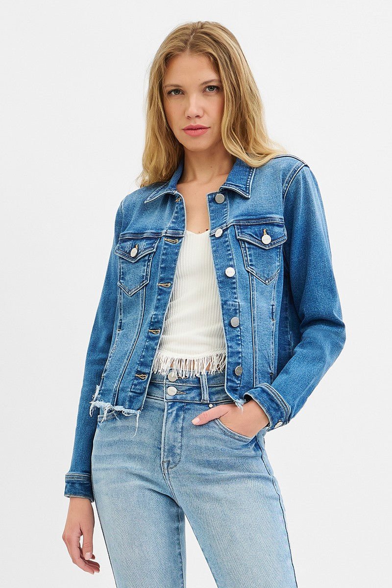 Risen Fray Hem Western Jean Jacket — Medium Wash with Frayed Rugged Finish (small remains) - Rooted & Reckless Co.