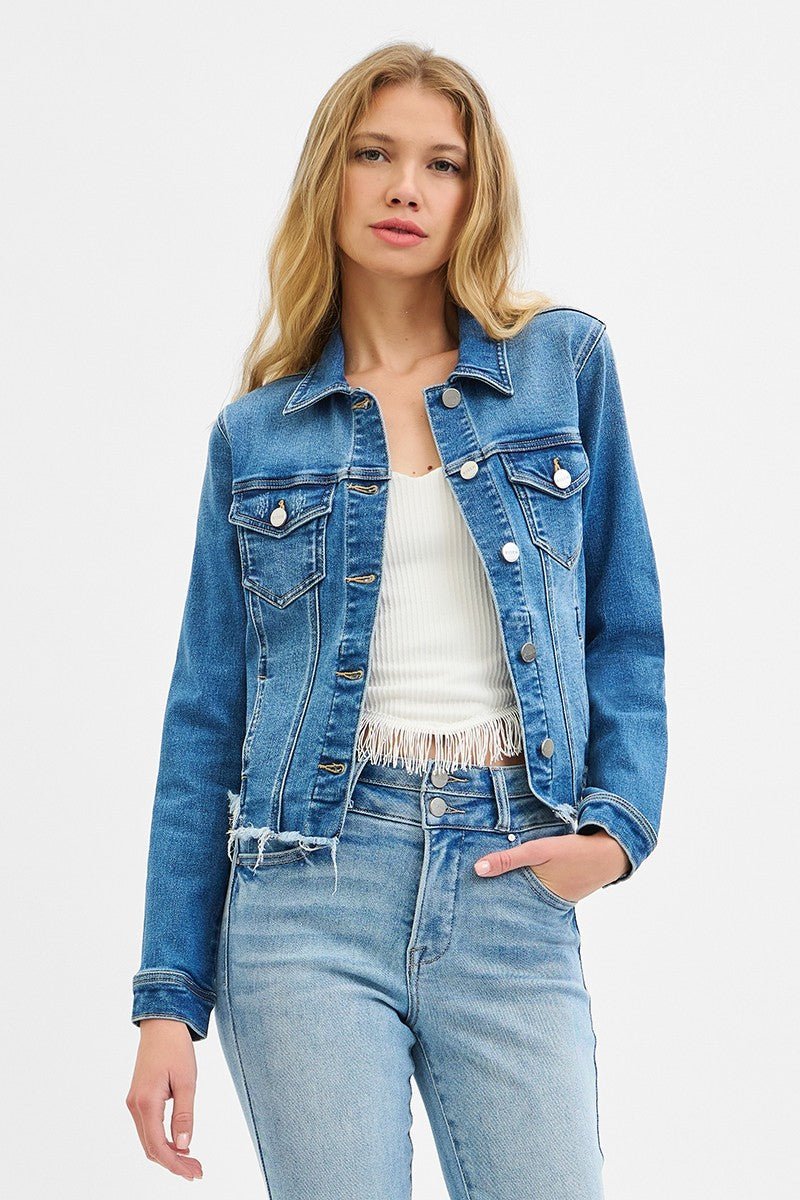 Risen Fray Hem Western Jean Jacket — Medium Wash with Frayed Rugged Finish (small remains) - Rooted & Reckless Co.