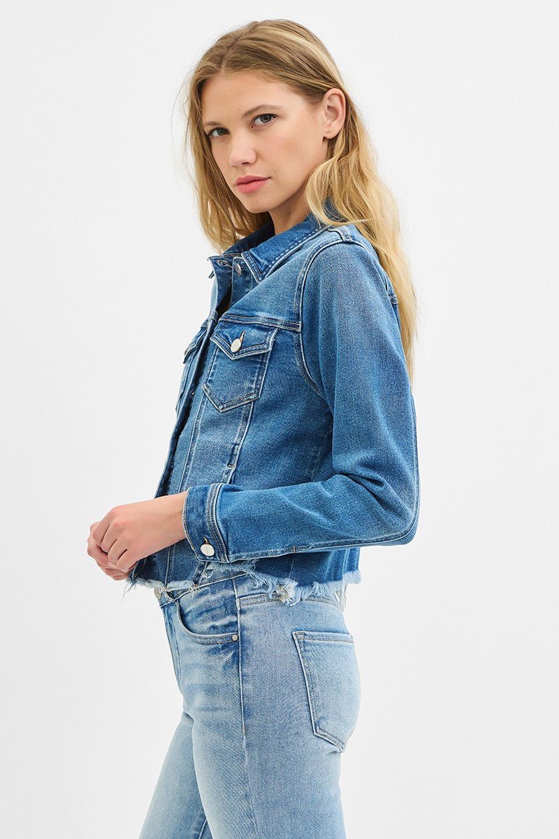 Risen Fray Hem Western Jean Jacket — Medium Wash with Frayed Rugged Finish (small remains) - Rooted & Reckless Co.