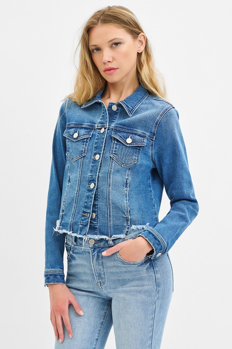 Risen Fray Hem Western Jean Jacket — Medium Wash with Frayed Rugged Finish (small remains) - Rooted & Reckless Co.
