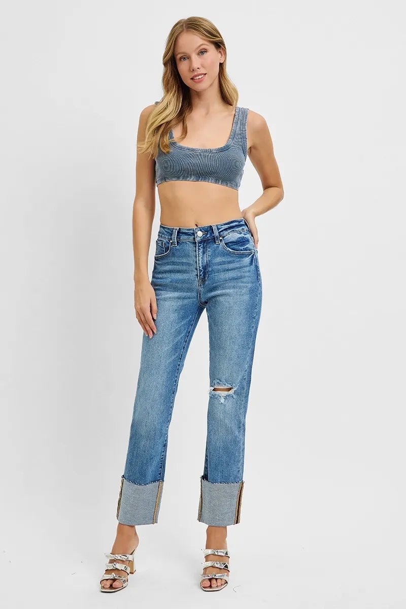 RISEN Full Size High Rise Ankle Straight Wide Cuffed Jeans Plus Size - Rooted & Reckless Co.