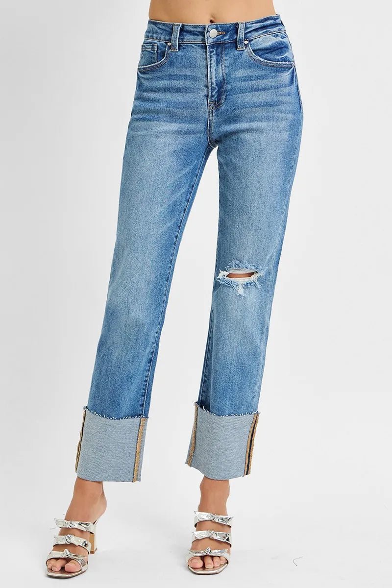RISEN Full Size High Rise Ankle Straight Wide Cuffed Jeans Plus Size - Rooted & Reckless Co.