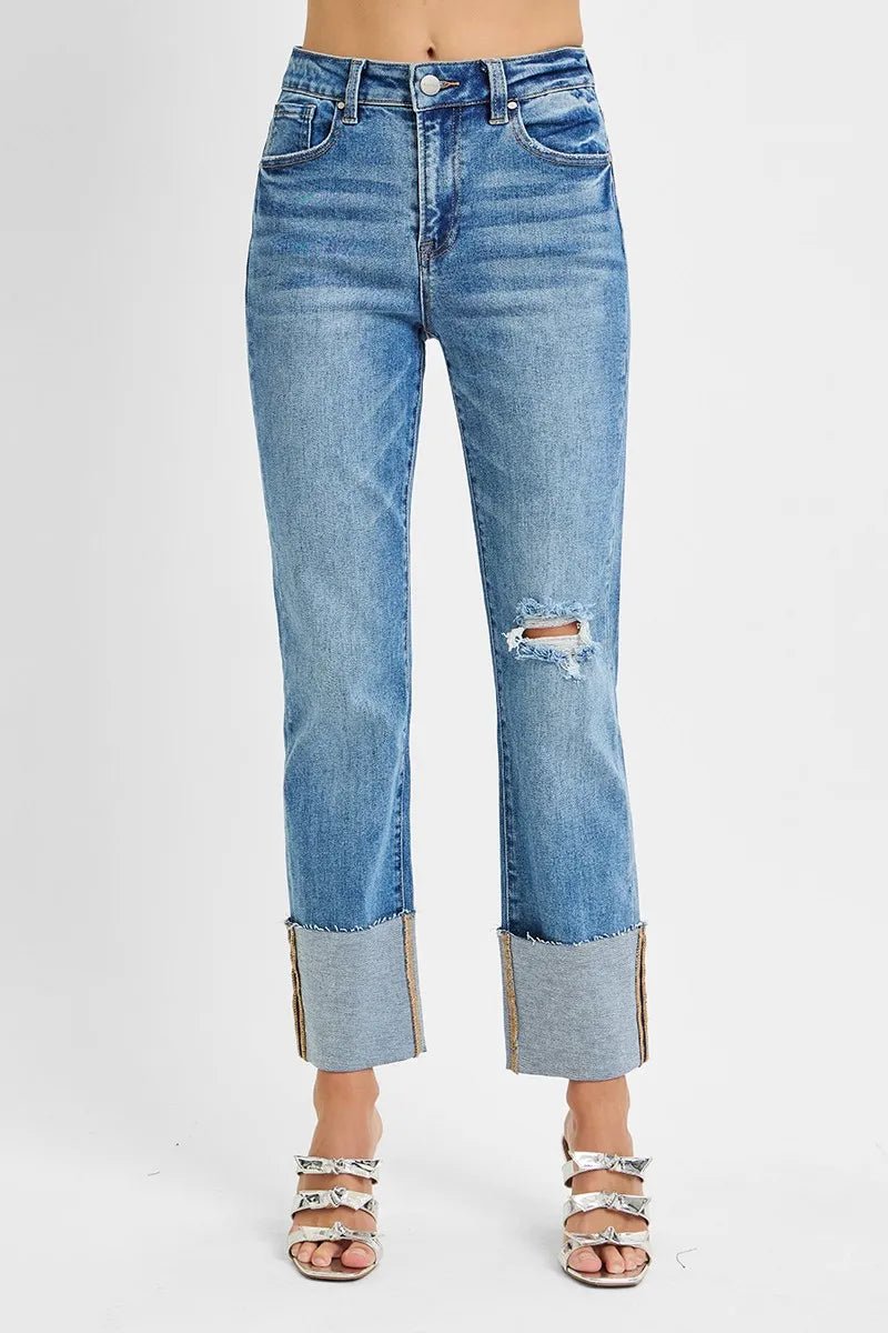RISEN Full Size High Rise Ankle Straight Wide Cuffed Jeans Plus Size - Rooted & Reckless Co.