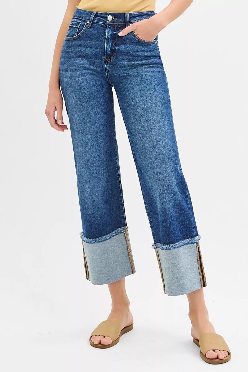 RISEN Full Size Mid Rise Crop Wide Wide Cuffed Jeans Plus Size - Rooted & Reckless Co.
