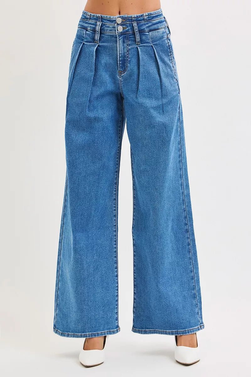 RISEN Full Size Mid Rise Fit Wide Leg with Pleated Detail Jeans Plus Size - Rooted & Reckless Co.