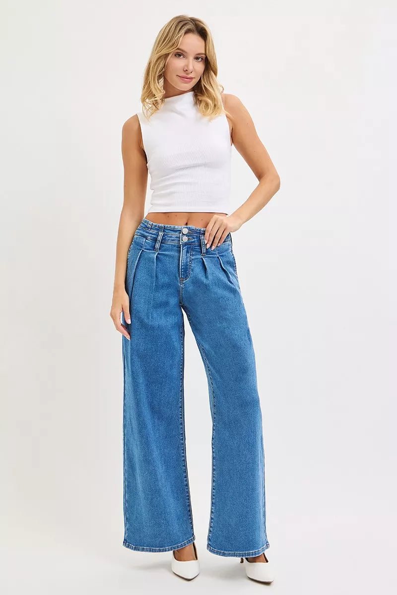 RISEN Full Size Mid Rise Fit Wide Leg with Pleated Detail Jeans Plus Size - Rooted & Reckless Co.