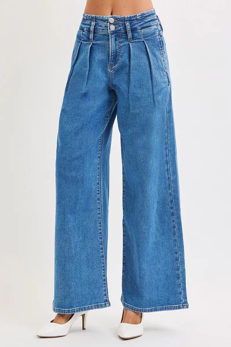 RISEN Full Size Mid Rise Fit Wide Leg with Pleated Detail Jeans Plus Size - Rooted & Reckless Co.
