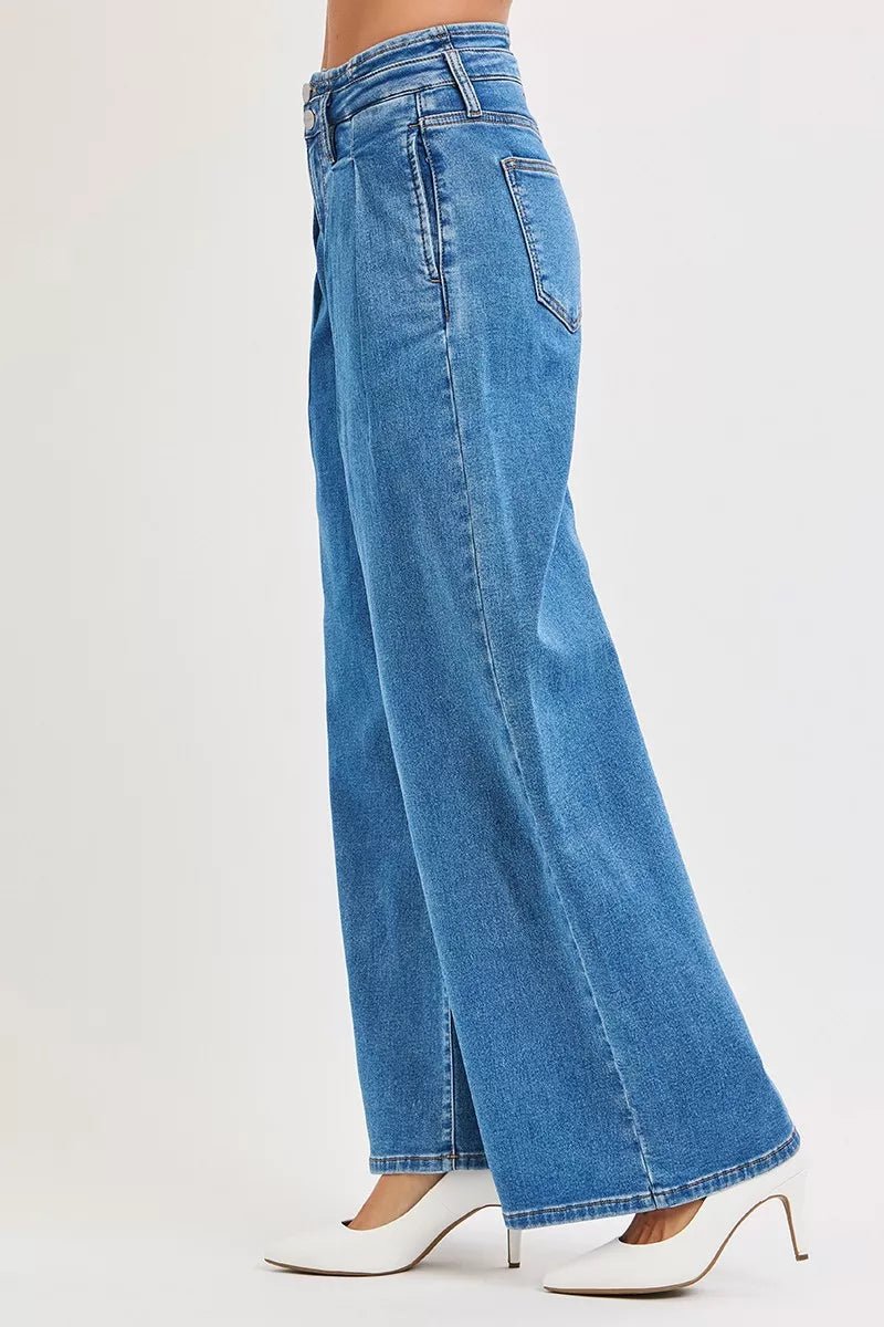 RISEN Full Size Mid Rise Fit Wide Leg with Pleated Detail Jeans Plus Size - Rooted & Reckless Co.