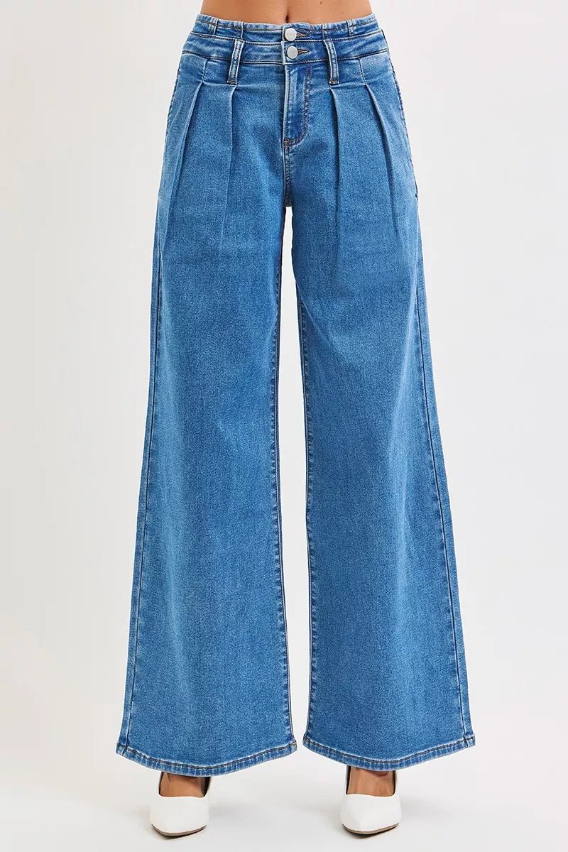 RISEN Full Size Mid Rise Fit Wide Leg with Pleated Detail Jeans Plus Size - Rooted & Reckless Co.
