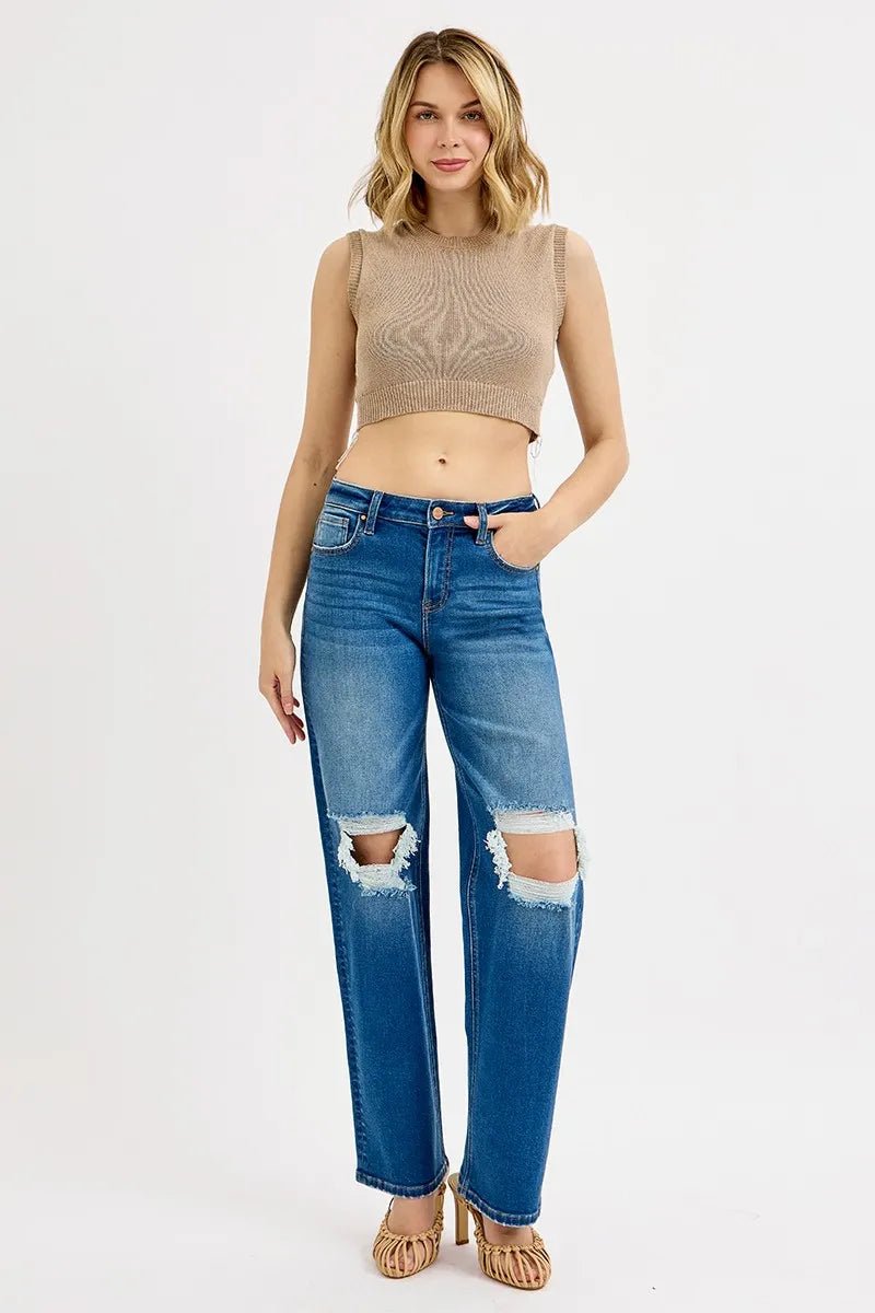 RISEN Full Size Mid Waist Fit Boyfriend Knee Distressed Jeans Plus Size - Rooted & Reckless Co.