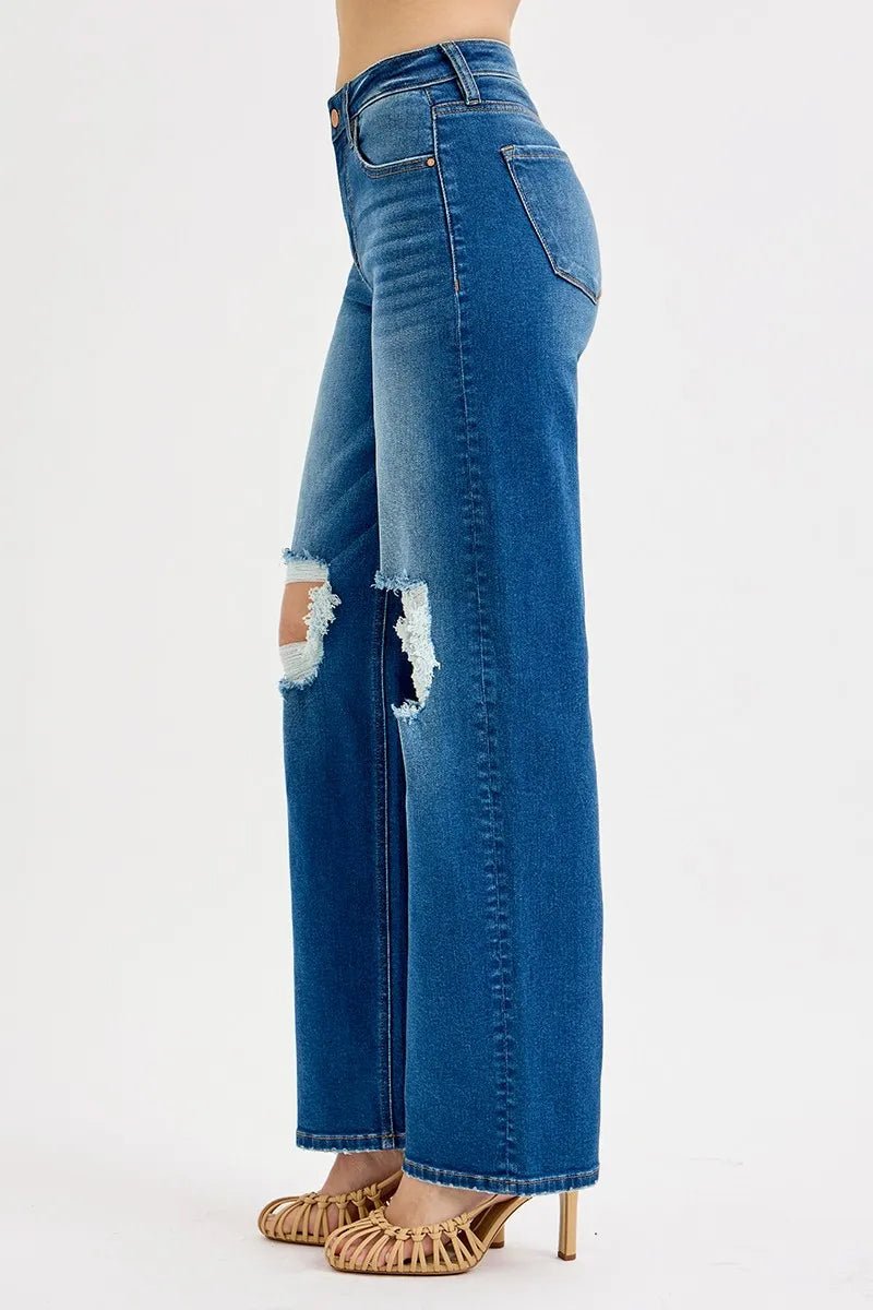 RISEN Full Size Mid Waist Fit Boyfriend Knee Distressed Jeans Plus Size - Rooted & Reckless Co.