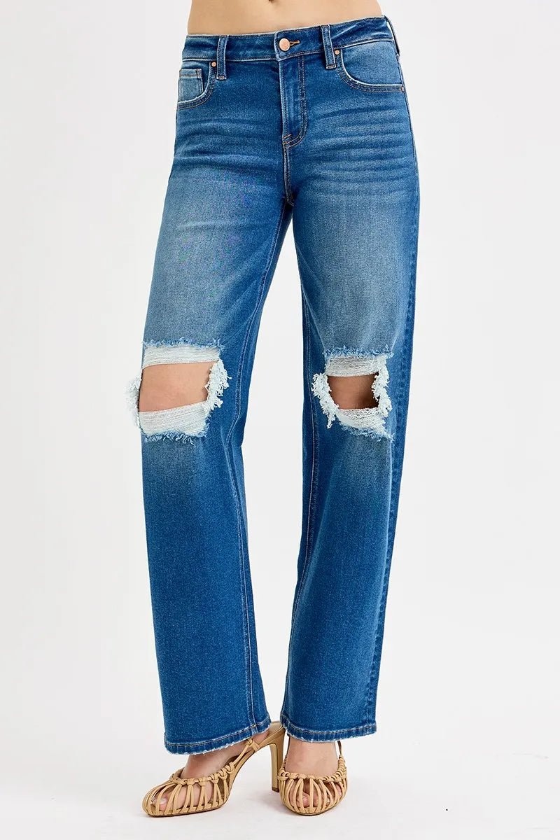 RISEN Full Size Mid Waist Fit Boyfriend Knee Distressed Jeans Plus Size - Rooted & Reckless Co.