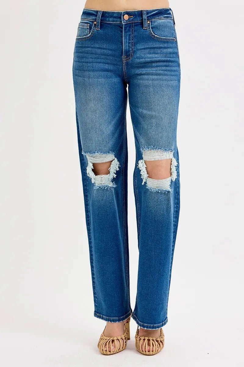 RISEN Full Size Mid Waist Fit Boyfriend Knee Distressed Jeans Plus Size - Rooted & Reckless Co.